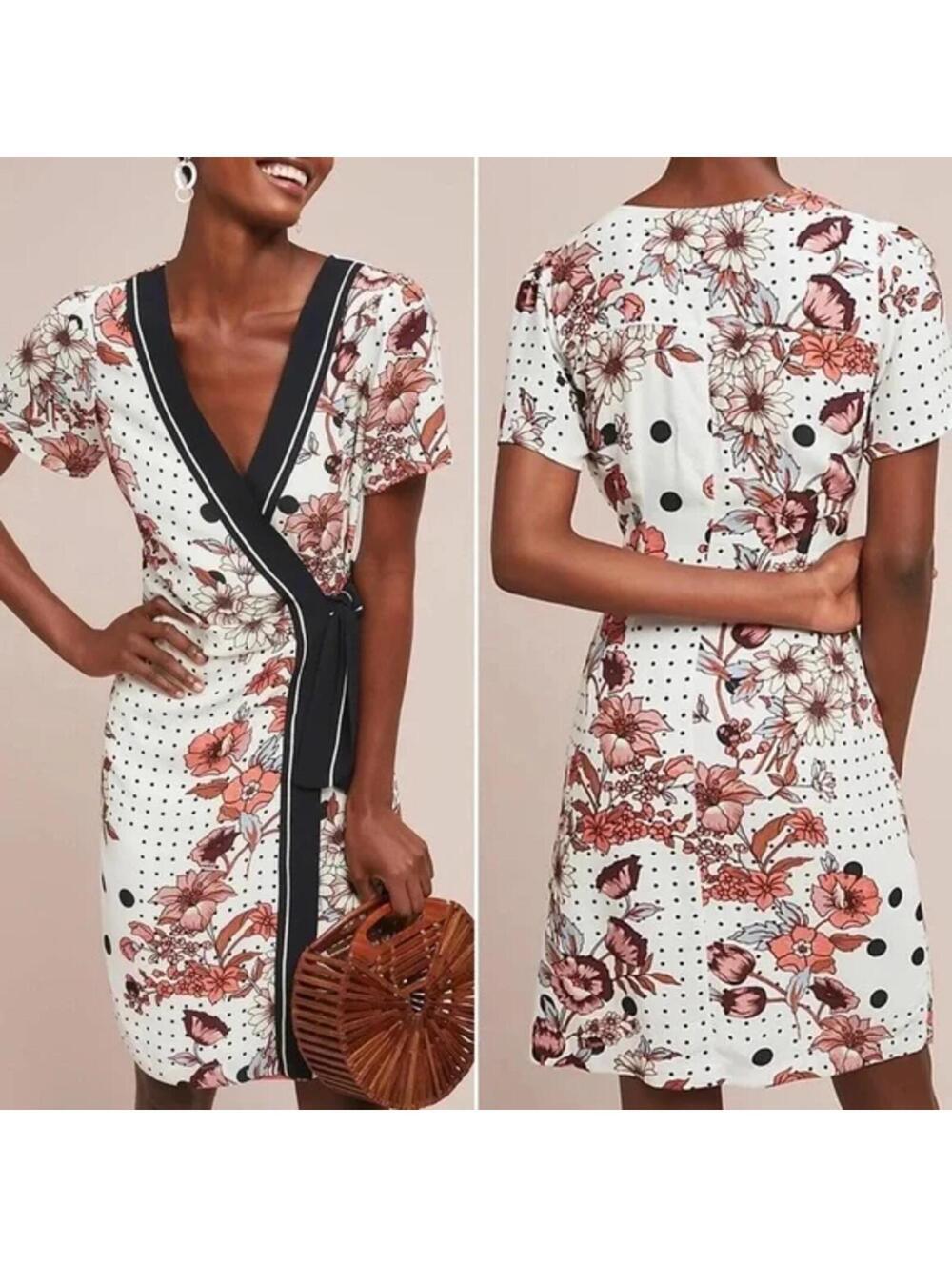 Maeve Anthropologie Aubrey Floral Polka Dot Wrap Dress - Size 4